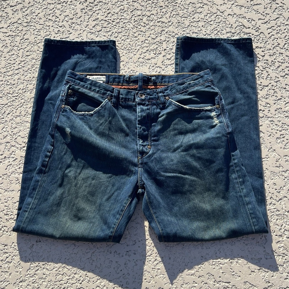 SL 100 Button Fly Mens Straight Leg Cotton Denim Jeans‎ 34x32 Distressed